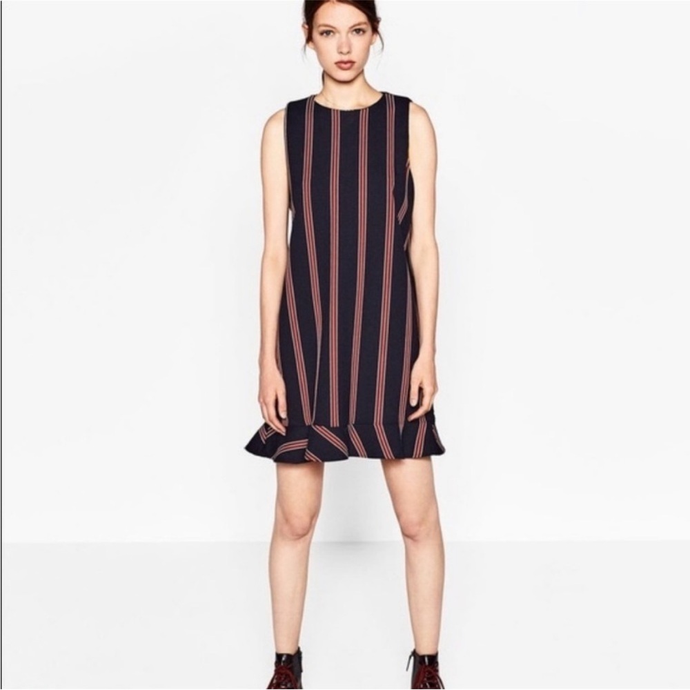 Zara Trafaluc Collection Navy Ruffle Hem Striped Dress